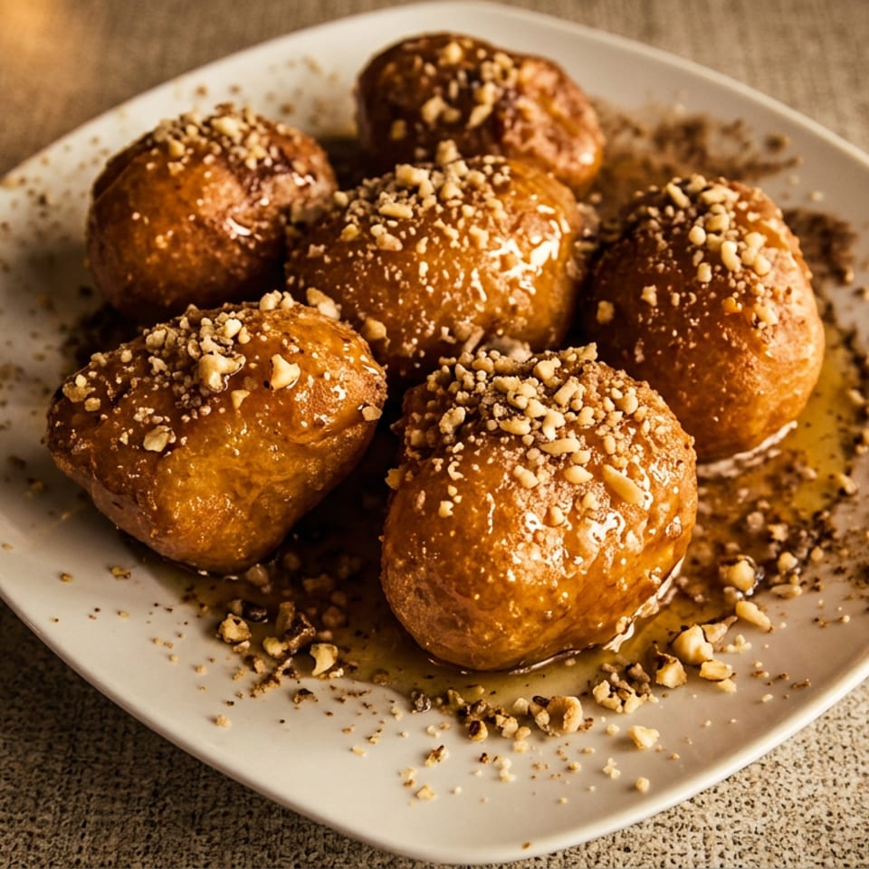 Six golden glazed pastries topped with chopped nuts sit on a white plate against a warmly lit textured table.