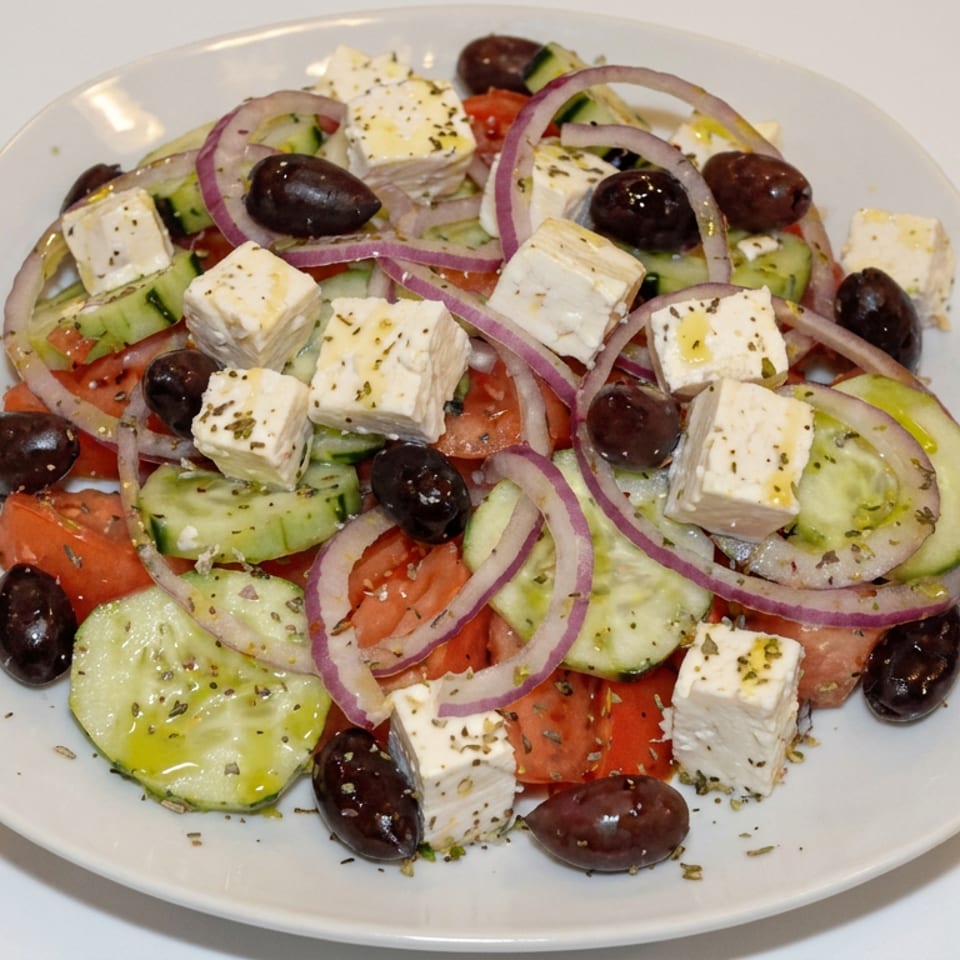 Greek salad with tomatoes, cucumbers, red onions, feta cheese, Kalamata olives, and herbs on a white plate.