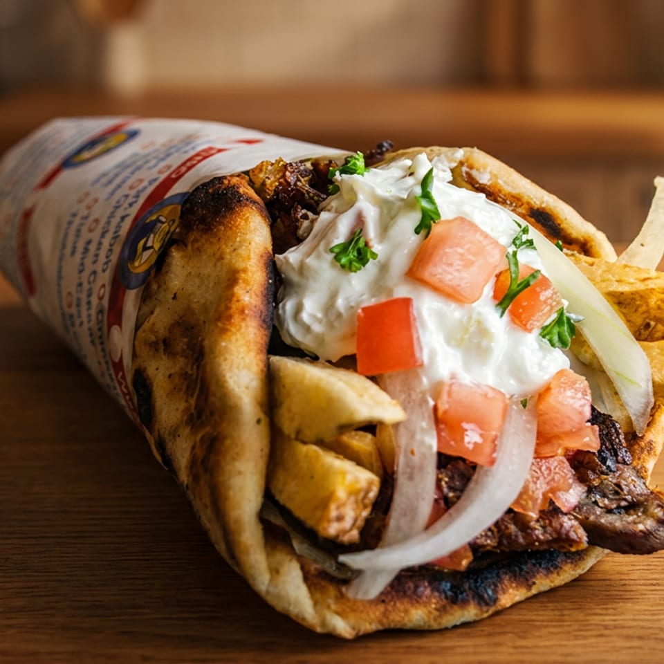 Grilled pita wrap filled with seasoned meat, fries, creamy sauce, tomatoes, onions, and parsley on a wooden table.