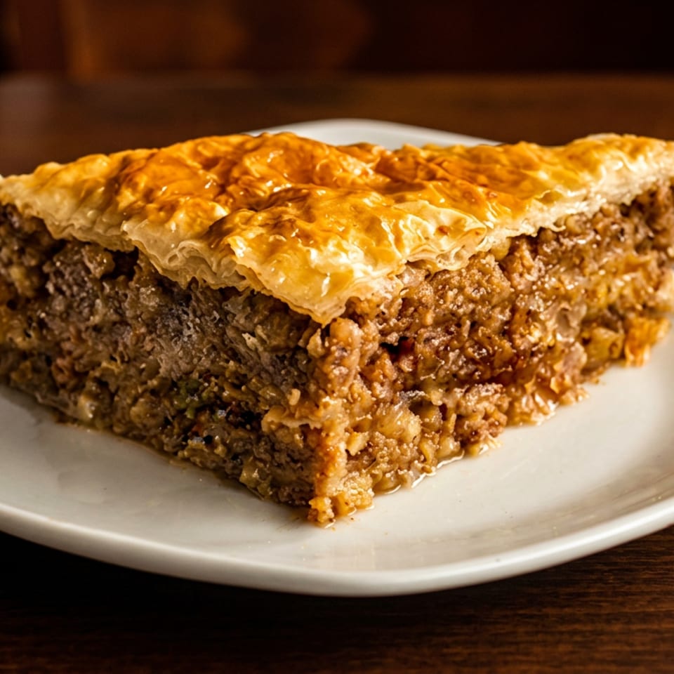 A thick square slice of savory minced-meat pastry with golden flaky crust sits on a white plate.