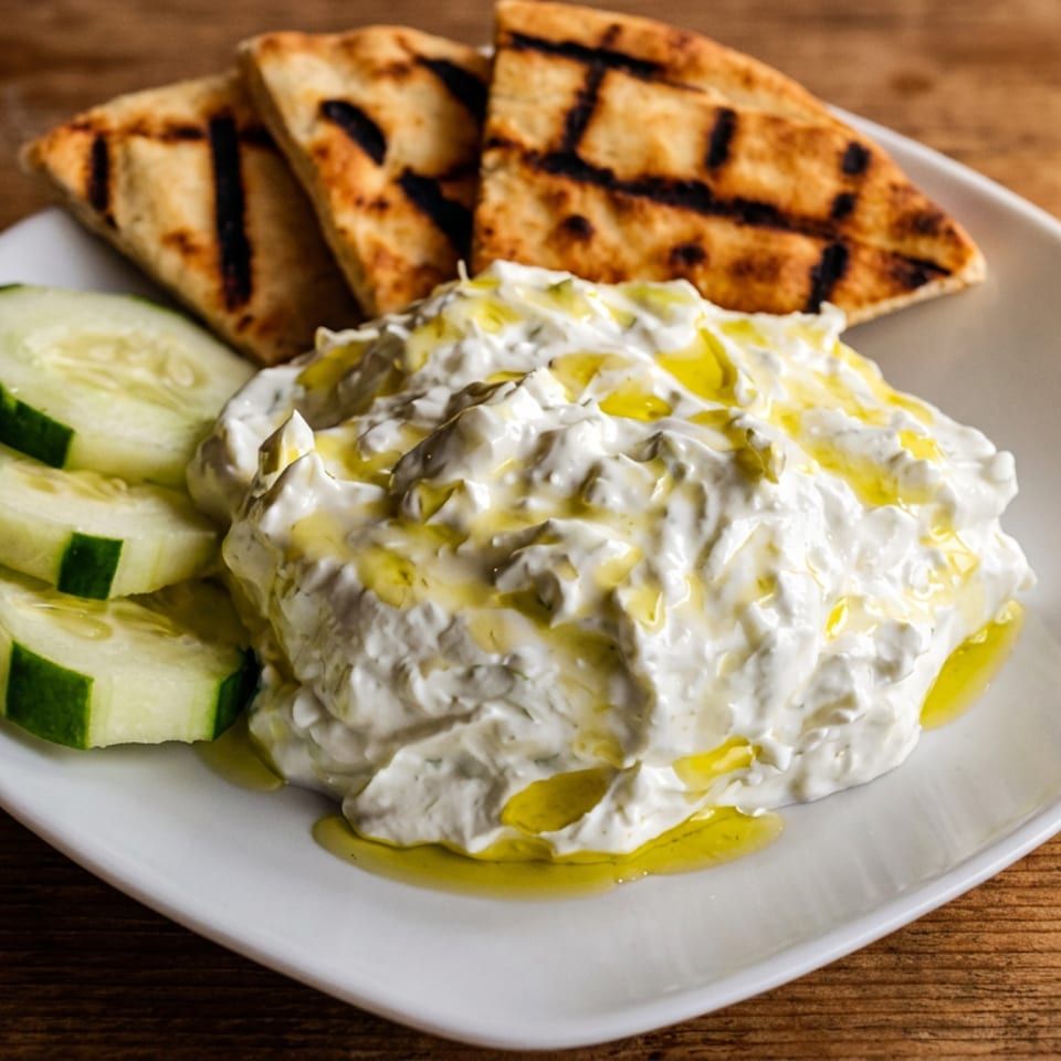 Creamy tzatziki dip drizzled with olive oil, served with cucumber slices and grilled pita wedges on a white plate.