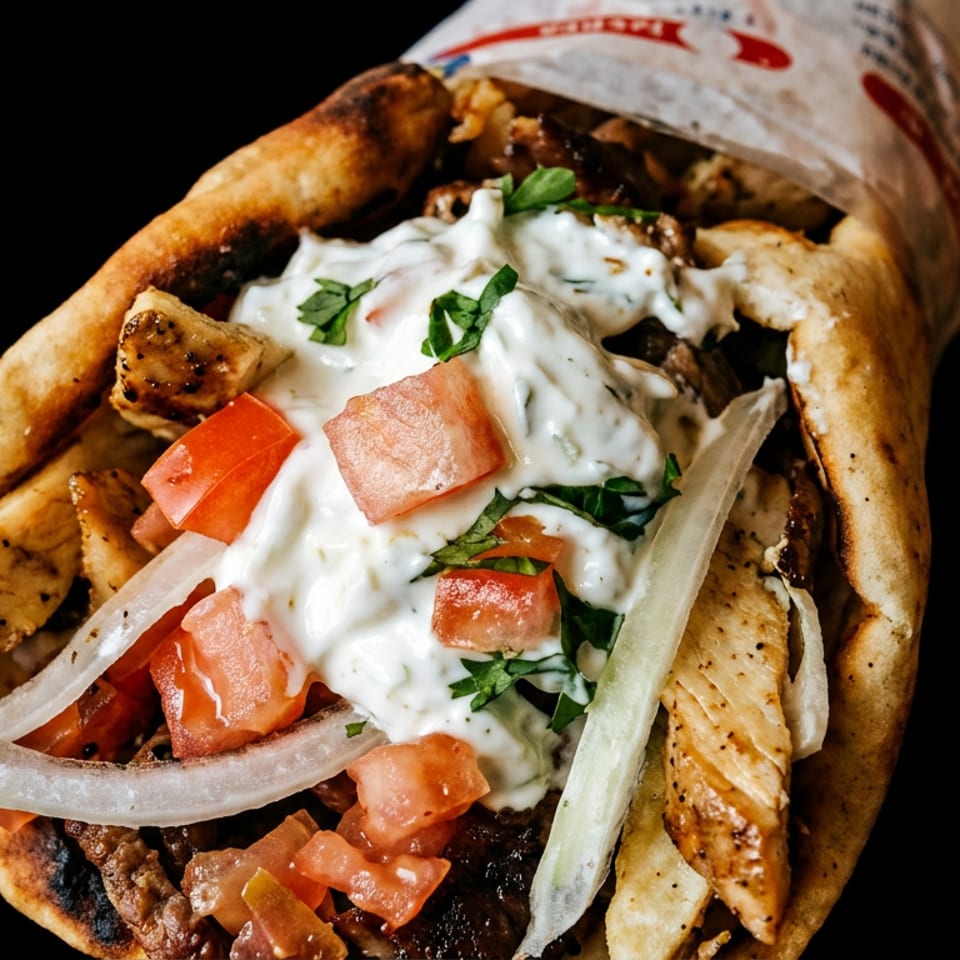 Close-up of a loaded chicken and beef gyro wrap with tzatziki, tomatoes, onions, parsley, and toasted flatbread.